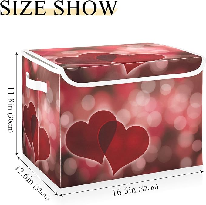 senya Valentines Baskets Collapsible Storage Bins with Lids, Hearts Bokeh Effect Storage Boxes Clothes Baskets for Organizing