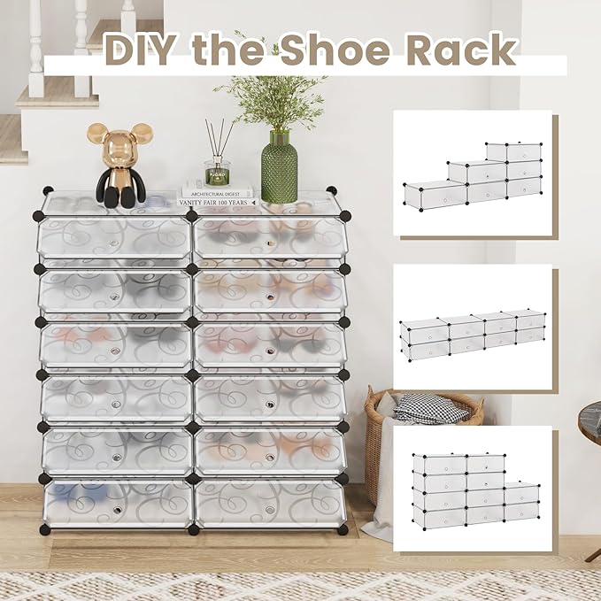 COSTWAY Shoe Rack Organizer, 6 Tier Shoe Shelves with Covers, DIY Design, 24-Pair Stackable Cube Organizer Boxes, Freestanding Shoe Cabinet for Entryway Bedroom Closet Hallway (White)