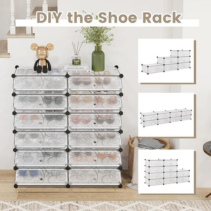 COSTWAY Shoe Rack Organizer, 6 Tier Shoe Shelves with Covers, DIY Design, 24-Pair Stackable Cube Organizer Boxes, Freestanding Shoe Cabinet for Entryway Bedroom Closet Hallway (White)