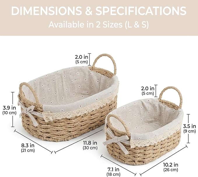 2 Pcs Wicker Basket, Small Woven Storage Baskets with Handles & Liner, Oval Boho Paper Rope Cute Baskets for Gift, Decor, Pantry, Shelf, Table Organizer