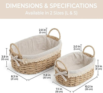 2 Pcs Wicker Basket, Small Woven Storage Baskets with Handles & Liner, Oval Boho Paper Rope Cute Baskets for Gift, Decor, Pantry, Shelf, Table Organizer
