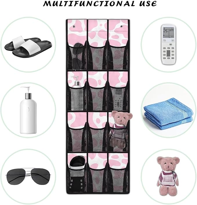 Pink Cow Print Over the Door Shoe Organizer 12 Large Mesh Pockets Sturdy Shoe Rack for Door Hanger Storage Holder for Dorm Bedroom