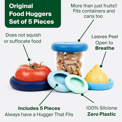 Food Huggers 5pc Reusable Silicone Food Savers | BPA Free | Plastic Free Food Storage | Dishwasher Safe | Fruit & Vegetable Produce Storage for Onion, Tomato, Lemon, Banana & Cans | Round, Ice Blue