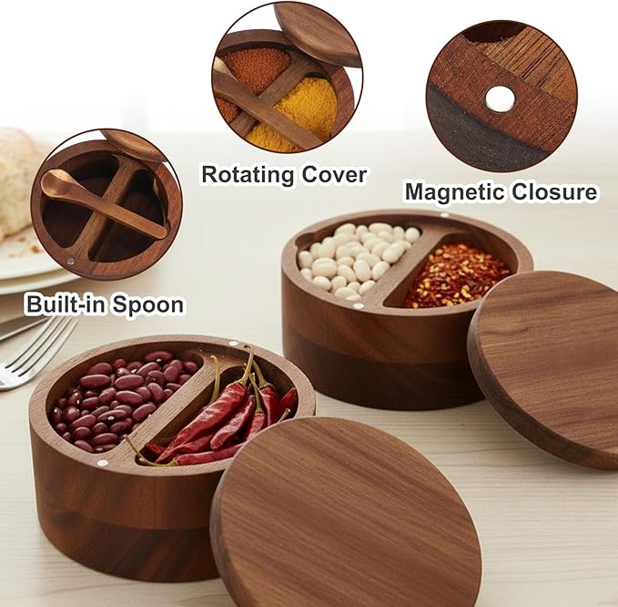 2pcs Acacia Wood Salt and Pepper Bowl 12 oz Salt Cellar with Swivel Lid & Spoon SaltContainer Holder Elegant Seasoning Bowl Container for Kitchen Storage Spice Favorite Seasonings