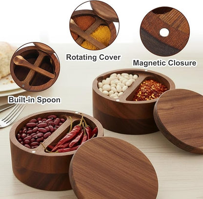 2pcs Acacia Wood Salt and Pepper Bowl 12 oz Salt Cellar with Swivel Lid & Spoon SaltContainer Holder Elegant Seasoning Bowl Container for Kitchen Storage Spice Favorite Seasonings