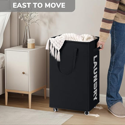 Goodpick Black Laundry Hamper with Wheels, 75L Dirty Clothes Hamper with Removable Wash Bag for Laundry Room, Rolling Laundry Basket