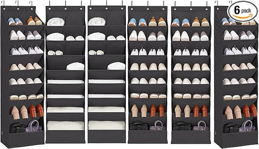 6 Pack Shoe Organizer with 6 Extra Large Pockets and 4 Large Pocket, Over the Door Sturdy Closet Storage Rack, Hanging Shoe Organizer for Shoes, Sneakers, Black