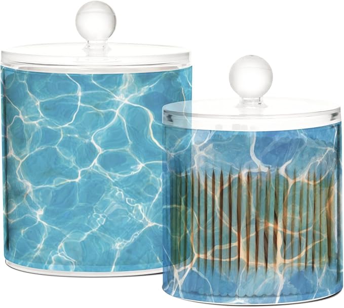 2 Pack Qtip Dispenser Apothecary Jars with Lids Cotton Round Holder Bathroom Canisters for Cotton Swab Floss Ball Pads Clear Plastic Decorative Summer Blue Pool Ripples