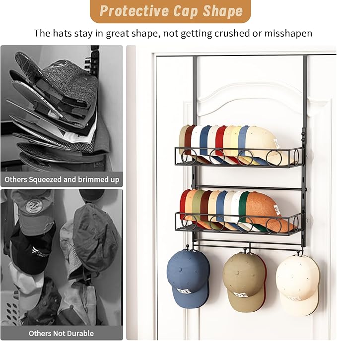 Over Door Hat Organizer 3 Tier Wall Mounted Hat Rack with 2 Adjustable Metal Basket and 3 Hooks Hat Organizer for Baseball caps Hat Hanger Holder Display for Door Closet, Cap Organizer Storage