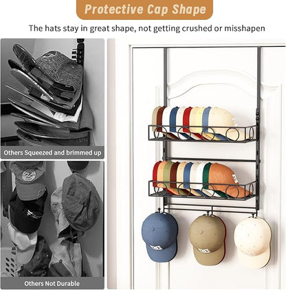 Over Door Hat Organizer 3 Tier Wall Mounted Hat Rack with 2 Adjustable Metal Basket and 3 Hooks Hat Organizer for Baseball caps Hat Hanger Holder Display for Door Closet, Cap Organizer Storage