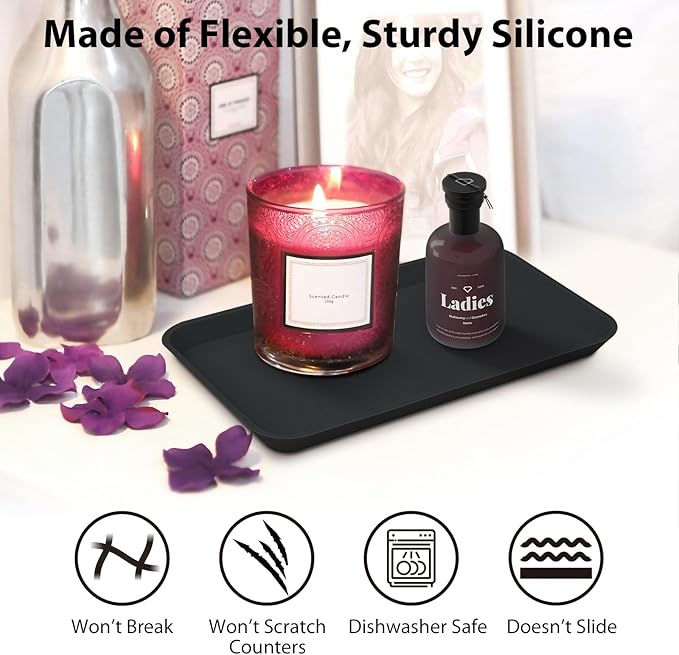 Countertop Vanity Tray, Bathroom Silicone Shatterproof Tray, Soap and Sponge Holder for Kitchen Sink Toilet Tank, Bathroom Holders for Counter, Perfume Candle Key Valet - Black - Black