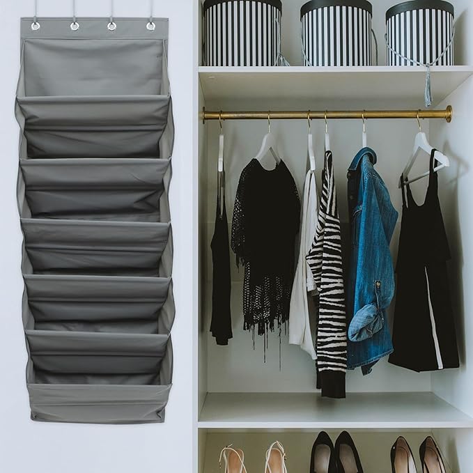 Wall Hanging Bag with Gray Compartments Over Door Storage Organizer with Detachable Hooks for Shoes Slippers Craft Supplies and Household Items in Bedroom Office Dormitory