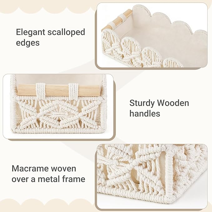 Mkono Macrame Storage Basket, Scalloped Edge Toilet Paper Basket Boho Woven Decor, Small Countertop Organizer with Handles for Shelf, Living Room, Bedroom, Home,Office, 1 Pack, Ivory