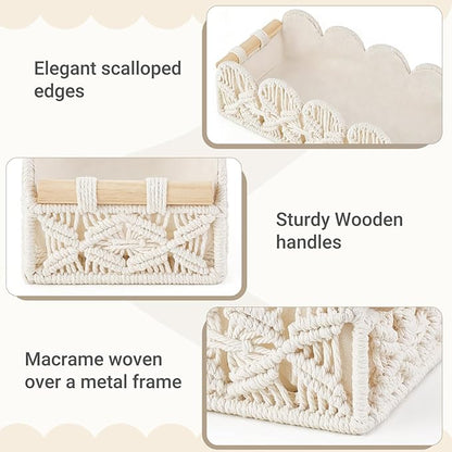 Mkono Macrame Storage Basket, Scalloped Edge Toilet Paper Basket Boho Woven Decor, Small Countertop Organizer with Handles for Shelf, Living Room, Bedroom, Home,Office, 2 Pack, Ivory