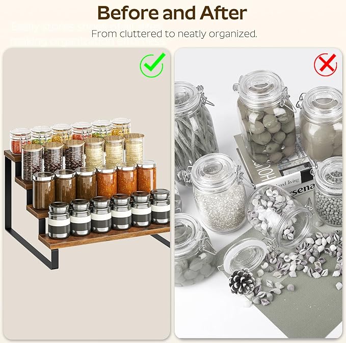 YATINEY Spice Rack, 4 Tier Wooden Display Riser Stand, Kitchen Storage Organizer for Spices, Versatile Display Shelf, Space Saving, for Kitchen Countertop and Cabinet, Rustic Brown SR04L2BR