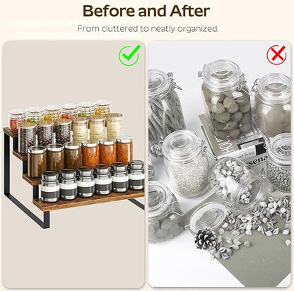 YATINEY Spice Rack, 4 Tier Wooden Display Riser Stand, Kitchen Storage Organizer for Spices, Versatile Display Shelf, Space Saving, for Kitchen Countertop and Cabinet, Rustic Brown SR04L2BR