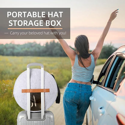 Pehciroe Round Hat Storage Box, Portable Felt Travel Hat Boxes for Women & Men with Translucent Dustproof Lid and Shoulder Strap for Various Types of Hats/Clothes & Toy Storage/Closet Organizer, Grey