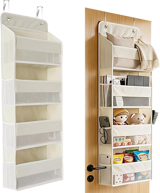 Over the Door Organizer, Door Storage Organizer with Large Capacity Pockets, Hanging Shelves for Bedroom, Closet, Dorm, Pantry (Beige, 4-Tier)