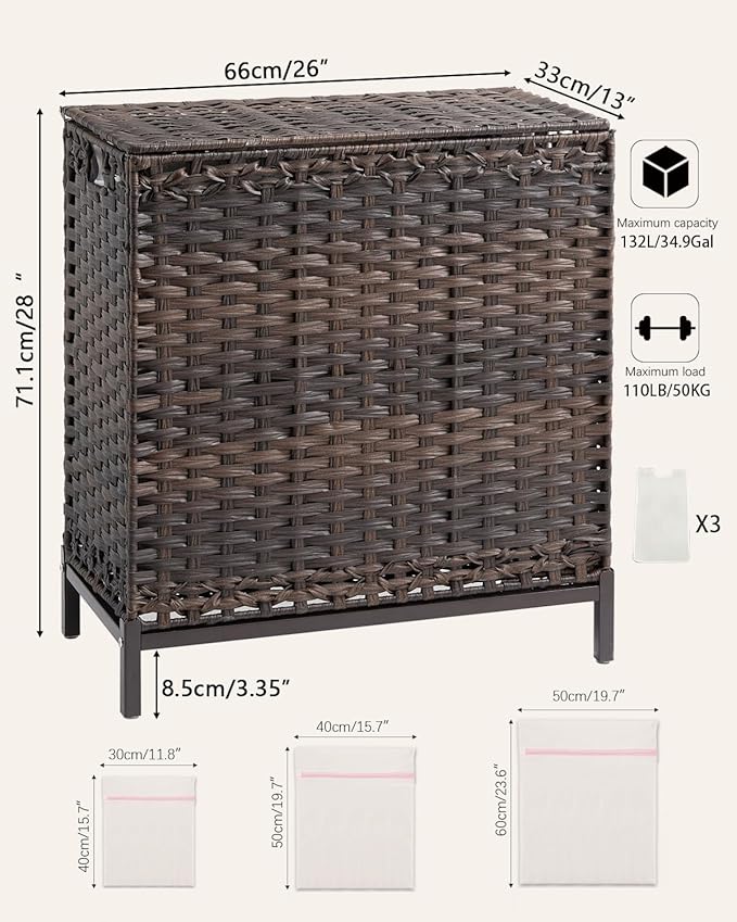 SETVSON Laundry Hamper with Lid 132 L, (35 Gallons) Clothes Hamper with Lid, Handwoven Rattan Laundry Hamper with Metal Heightened Feet, Laundry Hampers with 3 Removable Liner Bags for Laundry-Brown