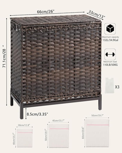 SETVSON Laundry Hamper with Lid 132 L, (35 Gallons) Clothes Hamper with Lid, Handwoven Rattan Laundry Hamper with Metal Heightened Feet, Laundry Hampers with 3 Removable Liner Bags for Laundry-Brown