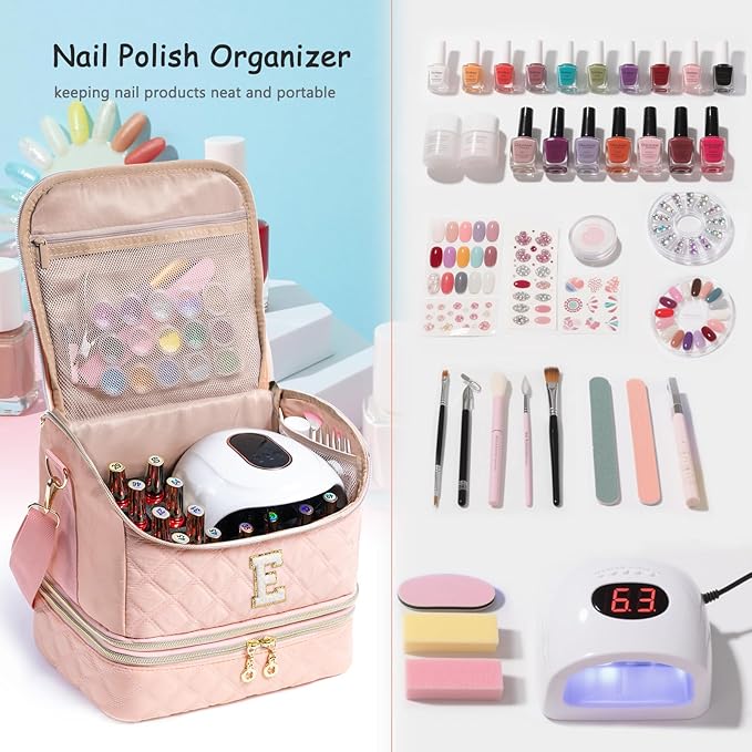Personalized Initial Nail Polish Organizer – Holds 48 Bottles (15ml/0.5 fl oz), Nail Lamp & Tools – Nail Bag for Nail Organizers and Storage, Nail Polish Holder, Nail Tech Travel Case