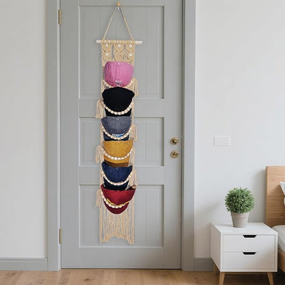 Halidali Hat Organizer for Baseball Caps, Hat Racks Cotton Rope Weaving Cap Stand, Handmade Macrame Hanging Hat Display Holder for Door Storage, Closet, Bedroom (Linen, Set of 2)