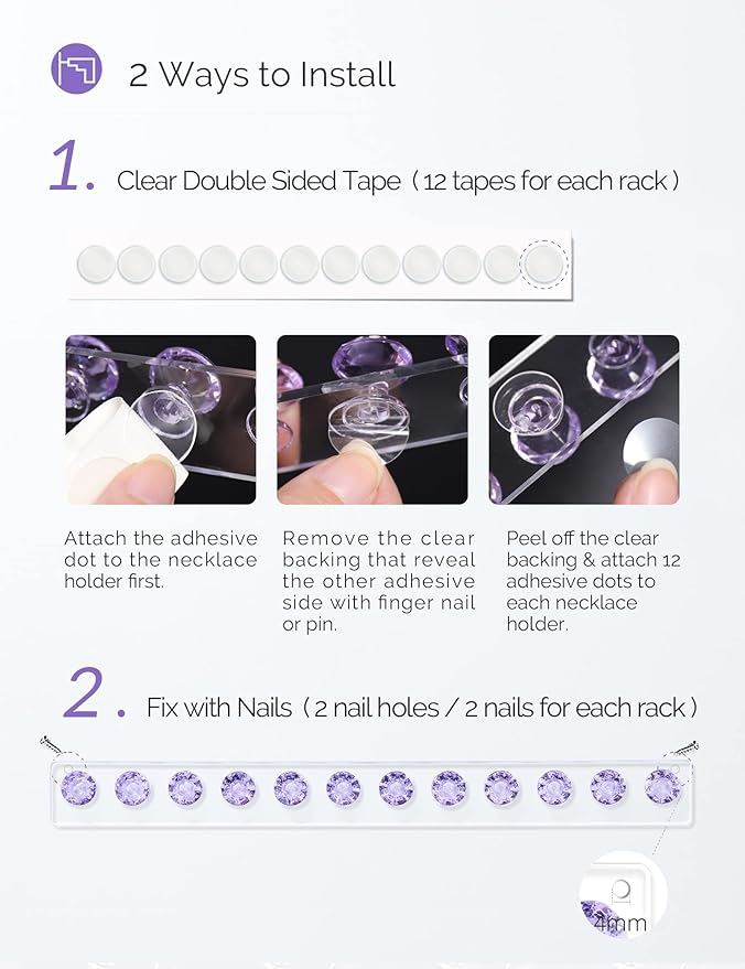 Acrylic Necklaces Holder Wall Mounted Necklace Hangers Hanging Jewelry Organizer with 12 Hooks, Clear Jewelry Hangers for Necklace Organizer for Girls Women, Necklace Hooks for Wall (Purple, 2 Pack)