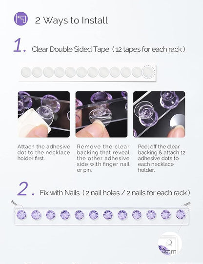 Acrylic Necklaces Holder Wall Mounted Necklace Hangers Hanging Jewelry Organizer with 12 Hooks, Clear Jewelry Hangers for Necklace Organizer for Girls Women, Necklace Hooks for Wall (Purple, 2 Pack)