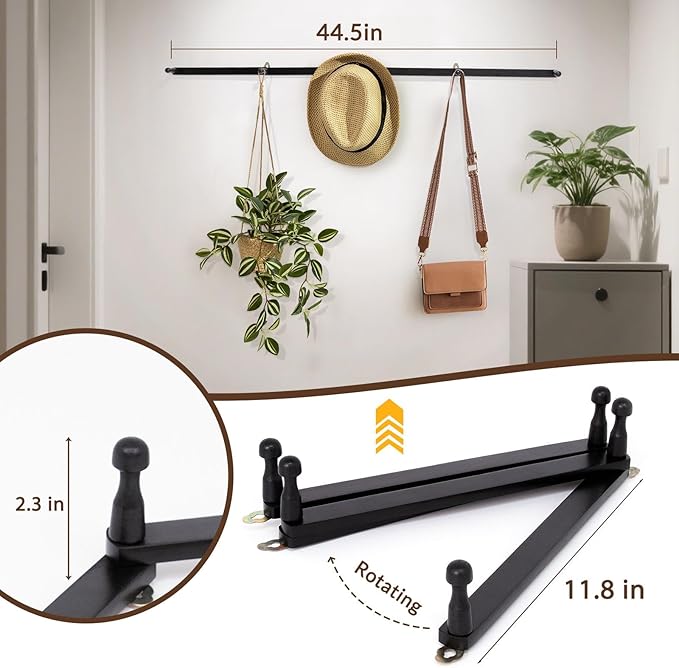 Qiannhee 2 Pack Wooden Hat Rack,Wall Mounted Expandable Cap Organizer with 5 Hooks,Solid Wood Hat Holder for Baseball Caps, Flexible Hanger for Entryway Bedroom Garage Decor (Black)