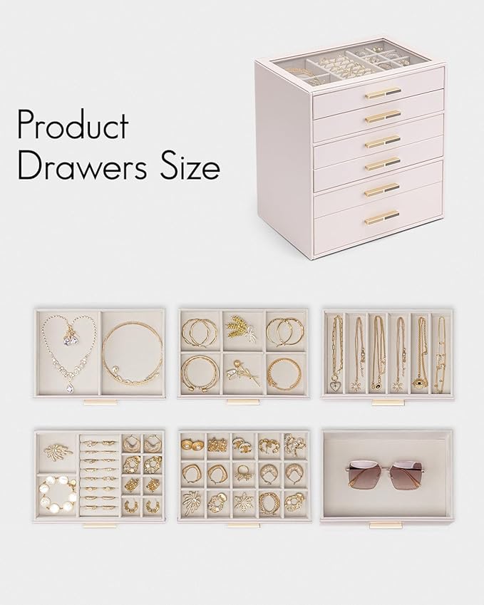 VLANDO 6 Layer Jewelry Box for Women, Glass Lid Jewelry Organizer with 6 Drawers for Necklaces Rings Earrings Bracelets - Light Pink