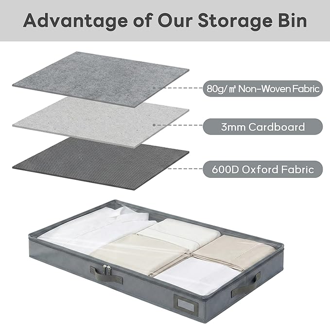 4-Inch Under Bed Storage Containers (3-Pack) | Sturdy Sidewalls | Clear Cover & Label Holder | Underbed Organizer for Crib/Couch | Stores Clothing/Blankets/Wrapping Paper/Toys
