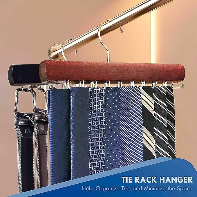 2Pack Tie Rack Hanger for Closet, Sleek Tie Organizer for Men with 18 Upgraded Folding Hooks, Space-Saving Tie Holder, Tie and Belt Hanger for Closet (Mahogany)