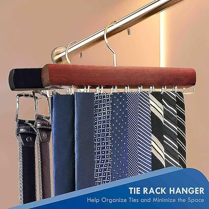 2Pack Tie Rack Hanger for Closet, Sleek Tie Organizer for Men with 18 Upgraded Folding Hooks, Space-Saving Tie Holder, Tie and Belt Hanger for Closet (Mahogany)