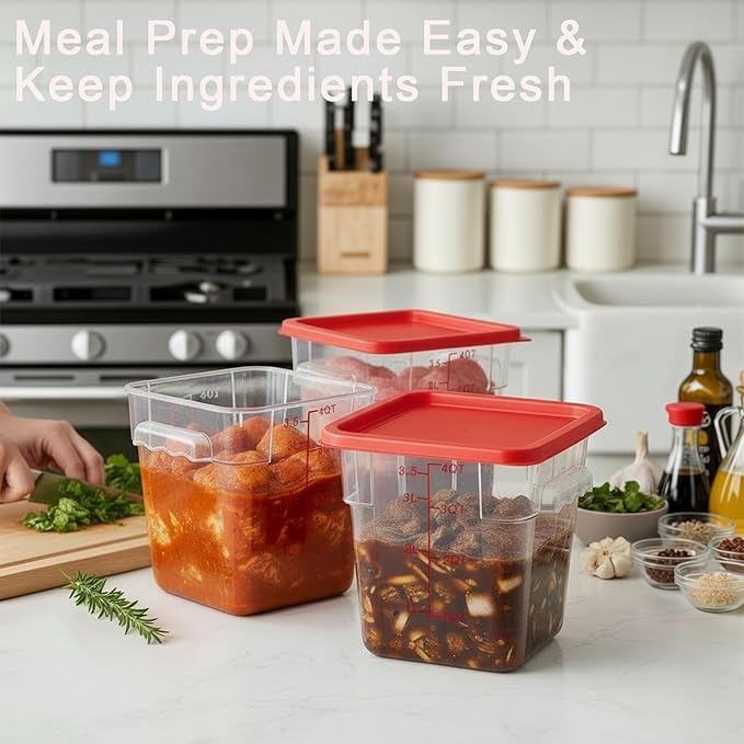 4 Pack 4QT Food Storage Containers with Red Lids, Clear Square Restaurant Commercial Food Storage Containers with Handle and Scale, Marinating Container Dough Rising Bucket for Home & Dining