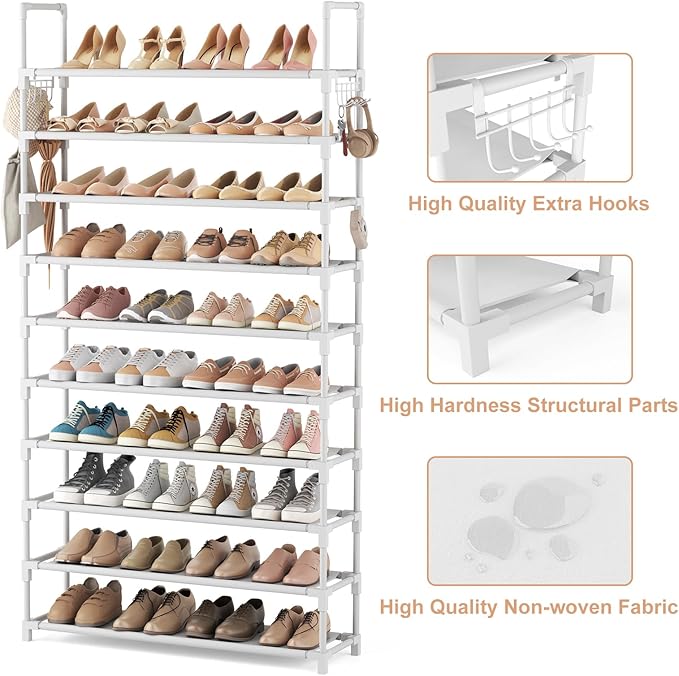 VTRIN 10 Tiers Shoe Rack Tall Large Capacity Wide Shoe Organizer Sturdy Shoe Shelf for Entryway with Two Hooks Metal Shoe Storage for Closet, Bedroom, White