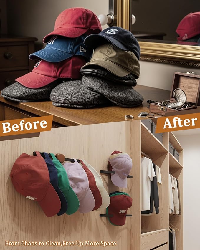 2 Pack Hat Rack for Wall, Stainless Steel Baseball hat Organizer, Adhesive Hat Storage Holder for Door & Bedroom, Holds Up to 25 Hats, 4 Storage Options