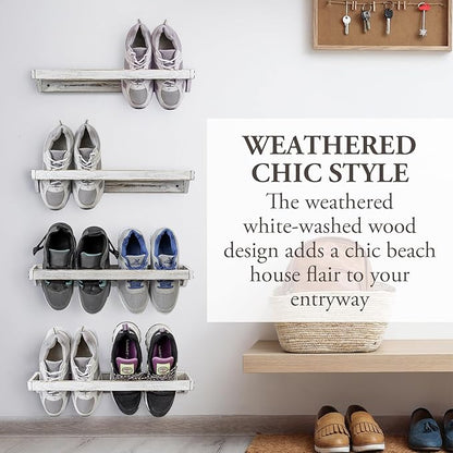 MyGift Set of 4 Shabby White Washed Solid Wood Hanging Shoe Storage Organizer Racks, Wall Mounted Space Saving Footwear Holder for Closet, Mudroom, Entryway, Holds 8 Pairs