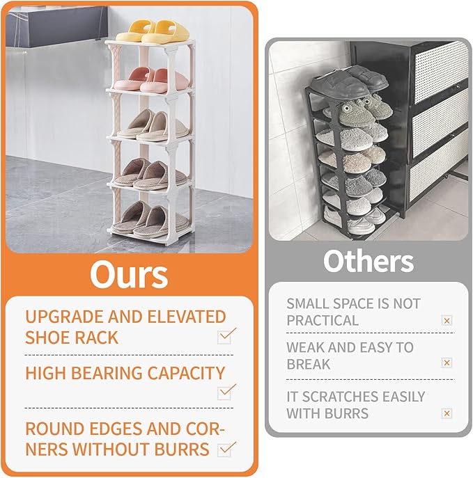 5 Tiers Vertical Shoe Rack, Narrow Free Standing Shoe Storage Organizer for Entryway and Small Closet, Stackable Shoe Holder Shelf Stability DIY, Beige