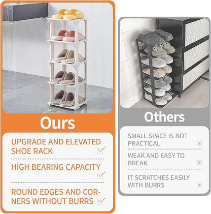 5 Tiers Vertical Shoe Rack, Narrow Free Standing Shoe Storage Organizer for Entryway and Small Closet, Stackable Shoe Holder Shelf Stability DIY, Beige