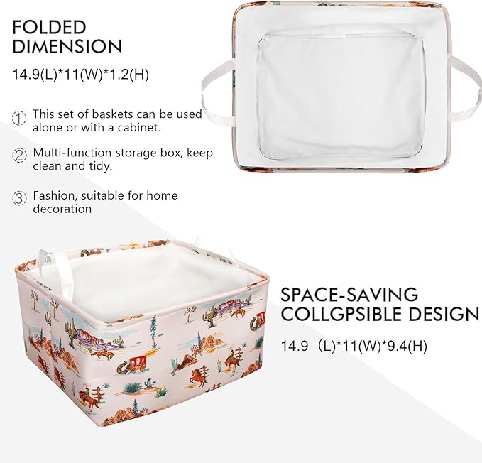 3 Pcs Western Bull Boho Rectangle Storage Basket Collapsible Highland Cow Storage Bin for Nursery Toys Books Waterproof Baskets for Closet Shelves Bedroom Decor(Cow)