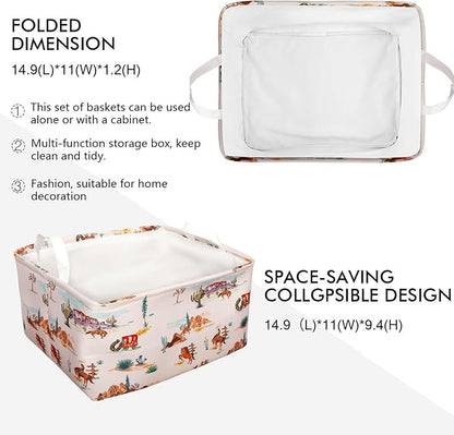 3 Pcs Western Bull Boho Rectangle Storage Basket Collapsible Highland Cow Storage Bin for Nursery Toys Books Waterproof Baskets for Closet Shelves Bedroom Decor(Cow)