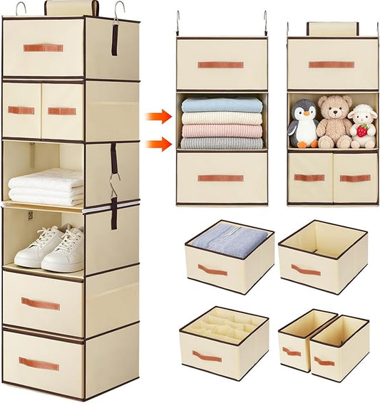 Hanging Closet Organizer 6-Shelf, Upgrade Closet Organizers and Storage with 5 Removable Drawers & 4 Side Pockets, Hanging Shelf Organizer for Bedroom or Garment Rack, 12.6'' x 12.6'' x 44.1'', Beige