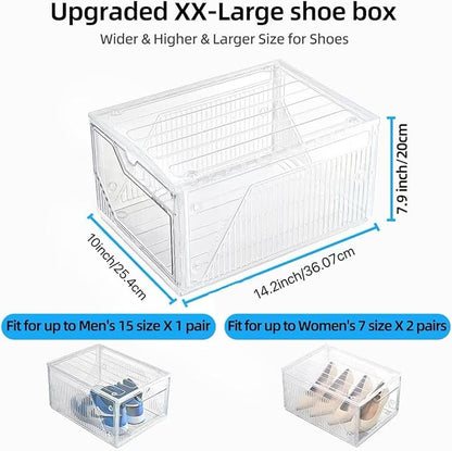 Large Shoe Boxes Clear Plastic Stackable，Drop Front Shoe Box with Clear Door, Shoe Containers For Sneaker Display,Fit up to US Size12 (white clear-Conjoined structure, 6 pack)