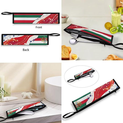 COEQINE American Flag Themes Utensil Holder Case Fork Spoon Knife Organizer Pouch With Handles, Mexico Independence Day Decoration, Fashion Silverware Bags With Handles for Work Travel