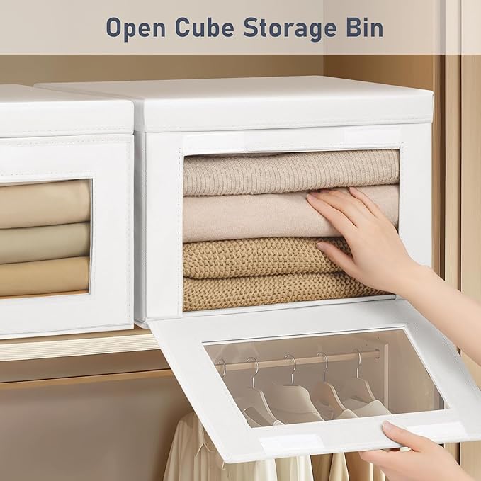 DIMJ Storage Bins with Lids - 8 Pack Large Fabric Closet Organizer with Window & Handles, Collapsible Decorative Storage Boxes for Shelves Under Bed, Books Clothes Blankets Sweaters Organization