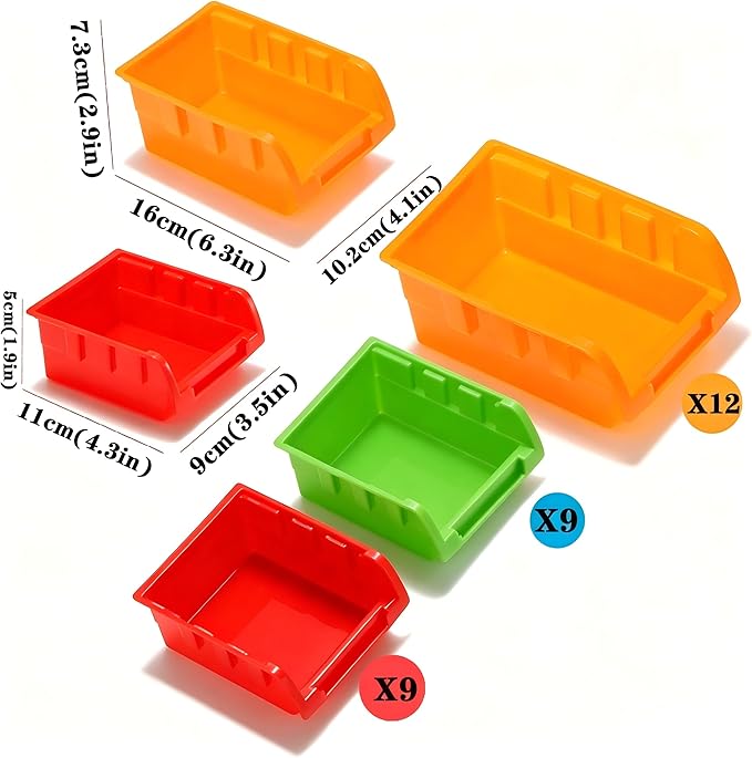 30-Bin Wall Mounted Storage Bins Kit, Tool Organizer Rack, Garage Hardware Organizer, Parts Storage Bins, DIY Combination 4 Set (Red & Green & Orange Type)
