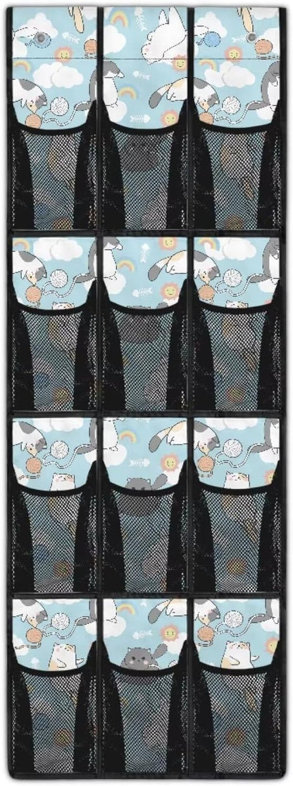 Cute Cat Over The Door Shoe Organizer Mesh Fabric Door Hanger Organizer for Kids Room Space Saving Shoe Holder Hanger Easy to Install Rainbow Wall Hanging Storage for Closet