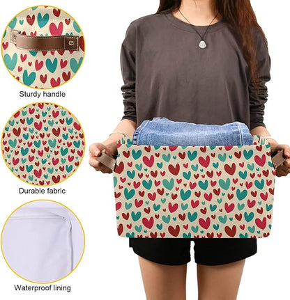 Bolaz Large Storage Basket Vintage Teal Red Cute Hearts Foldable Storage Box Organizer Bins with Handles for Bedroom Home Office
