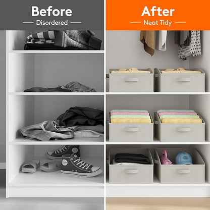 Lifewit Trapezoid Closet Storage Bins for Shelf, 6 Packs Non-woven Closet Organizer Baskets with Handles, Foldable Clothes Containers Boxes for Clothing, Book, Purse, 16L, Medium, Light Gray