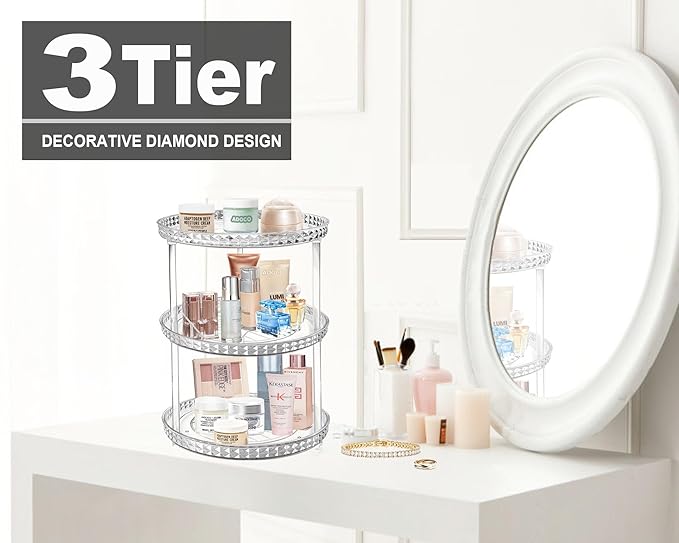 3 Tier Diamond Lazy Susan Bathroom Organizer Countertop, Clear 360 Rotating Cosmetic Makeup Organizer for Vanity, Skincare Organizers Perfume Organizer for Counter - Organization and Storage -9.25INCH